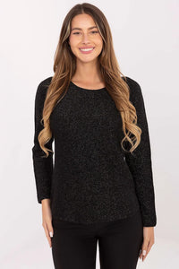pull femme noir scintillant brocart col rond manches longues maille fine coupe droite longueur hanches élégant soirée confortable viscose extensible