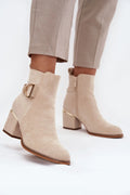 bottines cheville cuir suédé beige écologique bout amande talon bloc moyen fermeture éclair latérale boucle dorée doublure fourrure