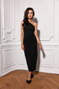 Robe de soirée asymétrique une bretelle épaule nue slit brillant matériau synthétique formel élégant femme