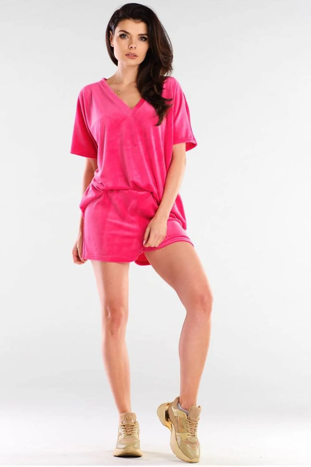 Ensemble pyjama femme velours rose vif confortable col V manches courtes style décontracté polonais