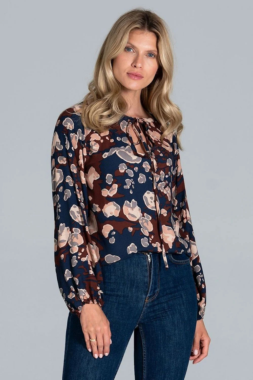 Chemisier Figl viscose fluide élégant manches longues motifs floraux abstraits pour occasions décontractées et formelles