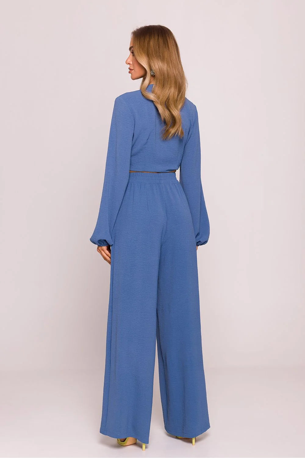 Ensemble femme élégant haut court manches longues pantalon large taille haute élastique couleur bleu terreux moderne