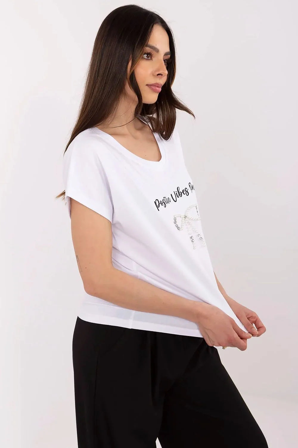 T-shirt femme décontracté moderne couleur blanche col V imprimé Positive Vibes Onlyperlé strass nœud