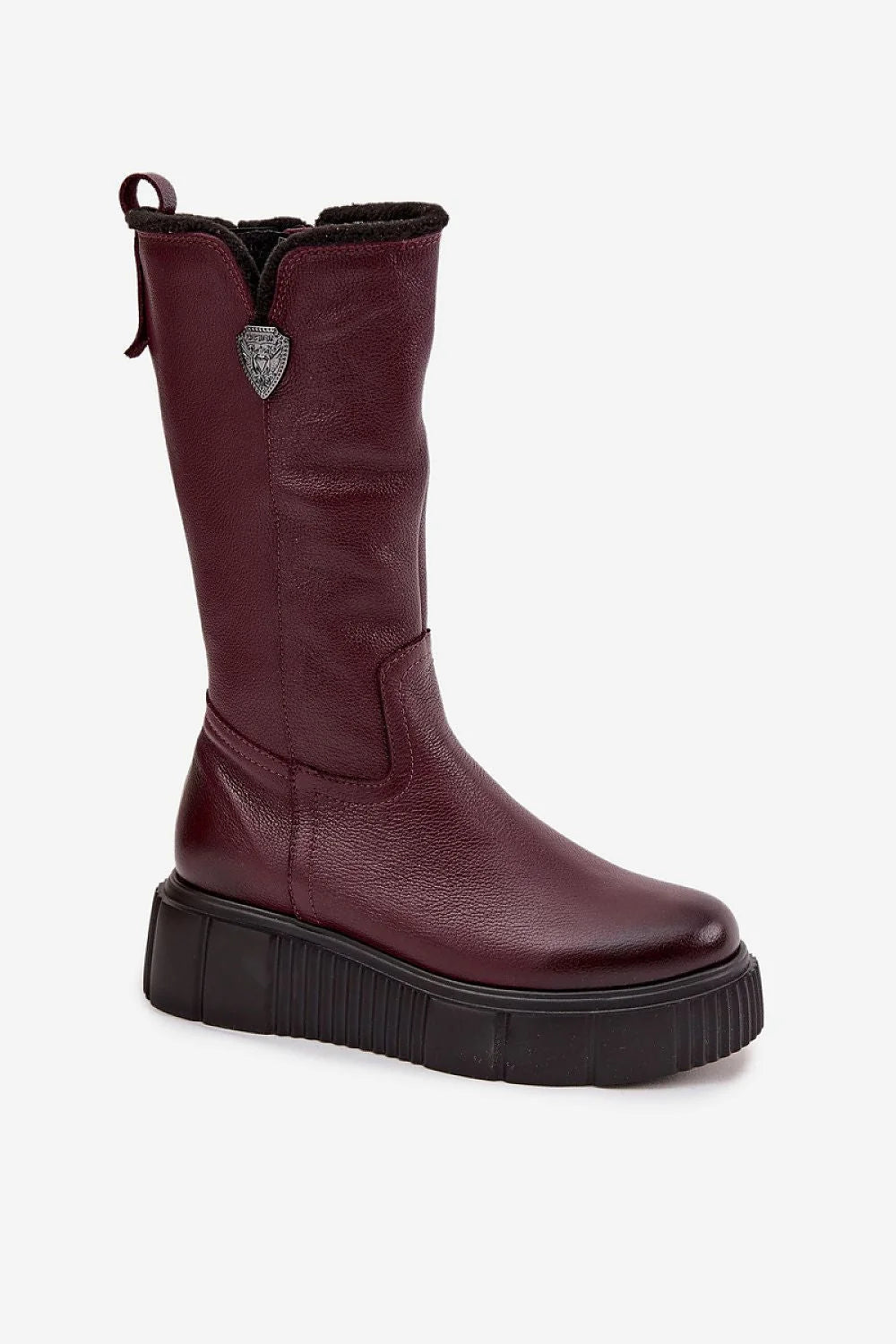 bottes cuissardes cuir naturel bordeaux grainé mi mollet fermeture éclair latérale doublure laine plateforme talon compensé semelle crantée hivernale