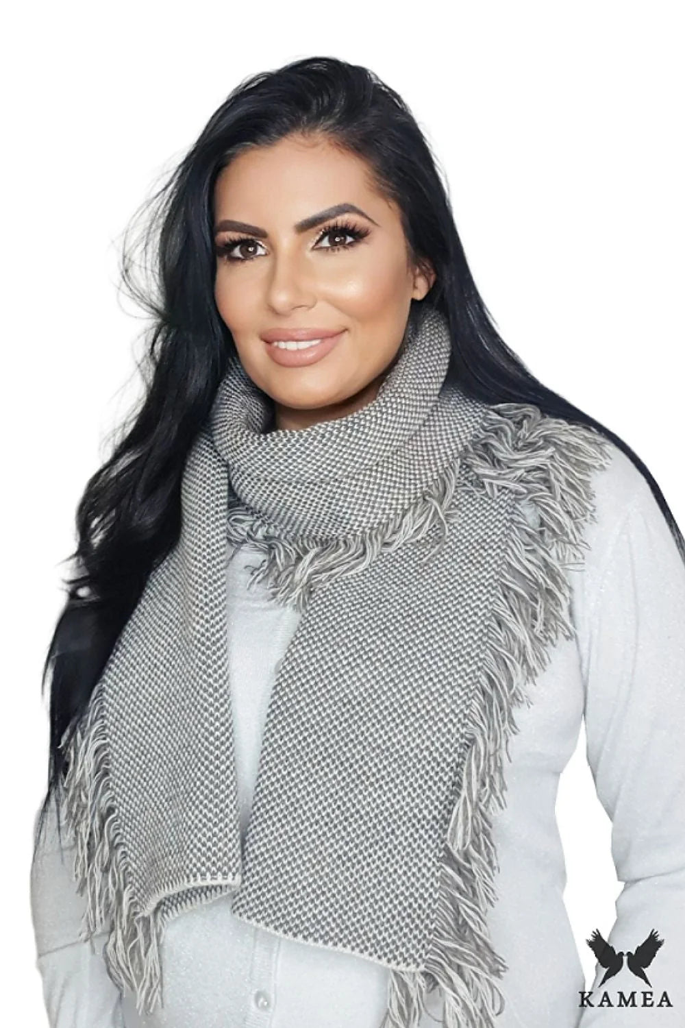 écharpe femme châle automne hiver damier franges denses tricot texturé laine acrylique fabriquée Pologne gris large longue douce