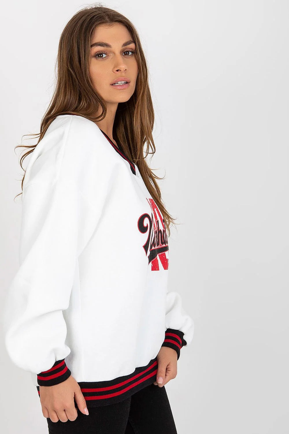 sweatshirt femme oversize colV molleton blanc manches longues imprimé Manhattan motif NY rouge vieilli bordcôtes contrastés noir bordeaux coupe ample
