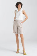 Nife shorts femme élégant ample taille moyenne genou viscose lin coton beige coupe droite plis passants ceinture poches ourlet retroussé