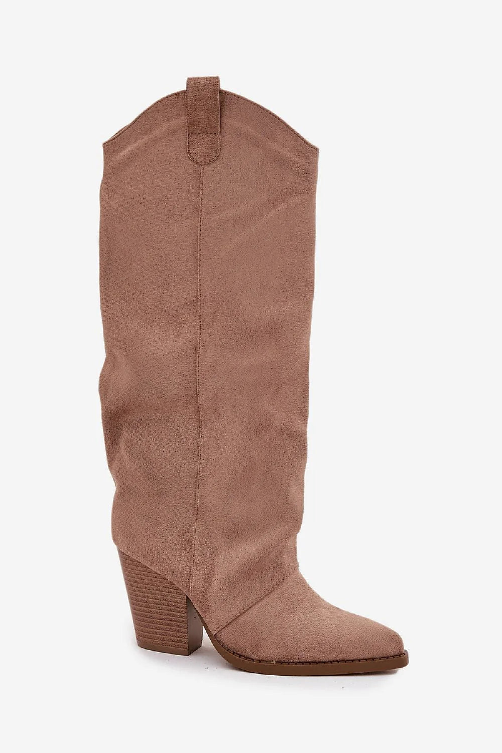 bottes femme cowboy western suédine écologique taupe rosé mi mollet tige droite bride maintien empiècement amande pointu talon bloc empilé
