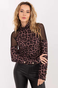 chemise femme imprimé léopard mauve manches longues col classique empiècements résille épaules boutons dorés poignets stretch doux ajustée confortable soirée