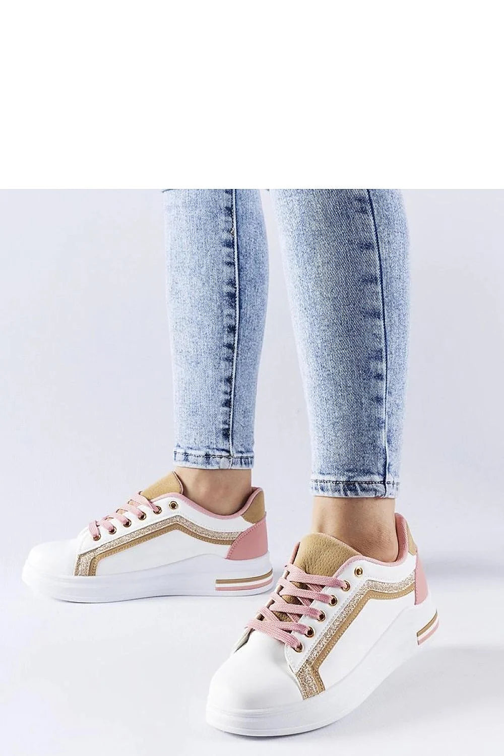baskets Solea femme blanches plateforme simili cuir rose pâle dorées pailletée œillets métalliques languette rembourrée confortables légères