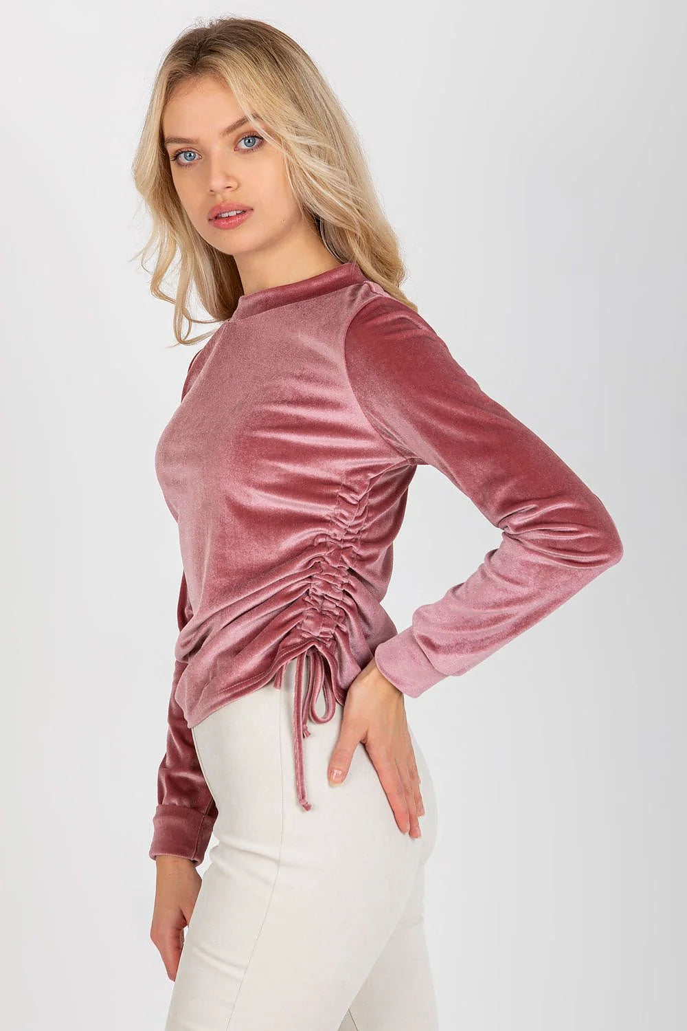 Chemisier Lakerta en velours rose poudré manches longues style moderne élégant femmes occasion spéciale