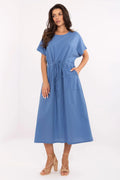 Robe de jour été coton coupe ample manches courtes taille ajustable bleu clair femme