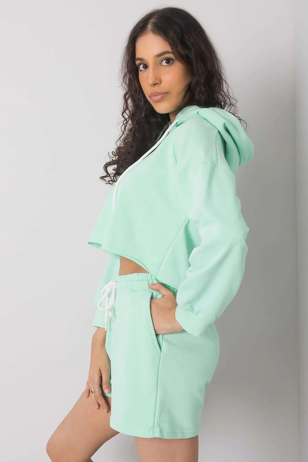 Ensemble Ex Moda pour femme, hoodie court et short assorti, style décontracté, rose pâle, coton 70% polyester 30%