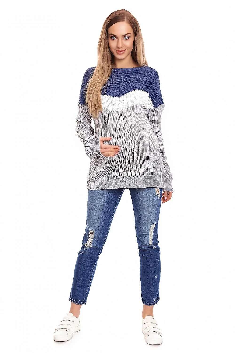 pull grossesse maternité oversize rayures horizontales colorblock bleu marine blanc gris clair col bateau manches longues maille épaisse