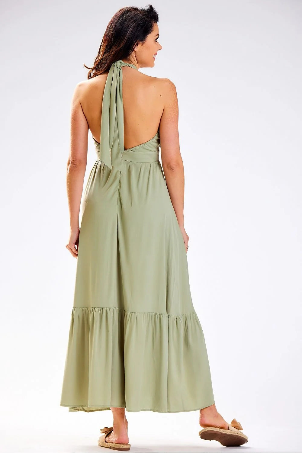 robe longue maxi viscose naturelle vert sauge encolure croisée dos ouvert taille empire jupe évasée volant ourlé fluide légère bohème