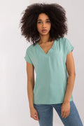 Chemisier BFG féminin décontracté élégant en vert menthe coupe droite manches courtes col en V en polyester lisse confortable