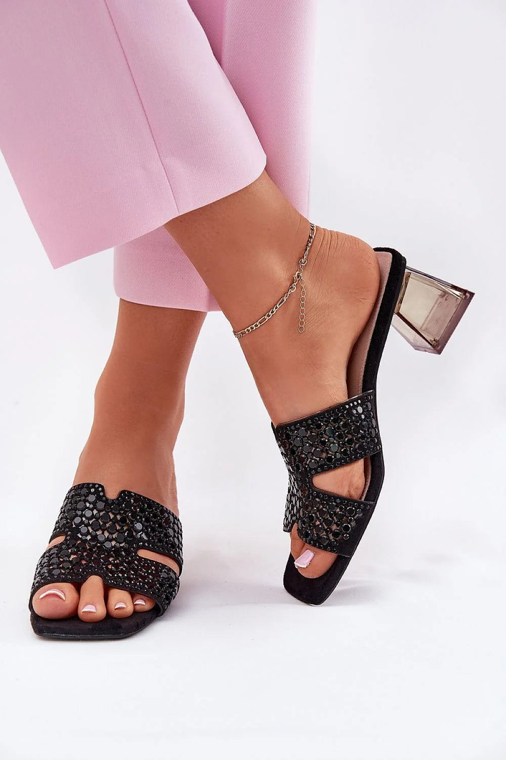 Sandales élégantes pour femmes Summer Step design moderne talons cubiques paillettes noires occasion soirée été