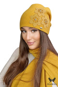 Bonnet Kamea mode hiver femme écharpe assortie matelassé couleur miel style élégant ajustable qualité Polonaise