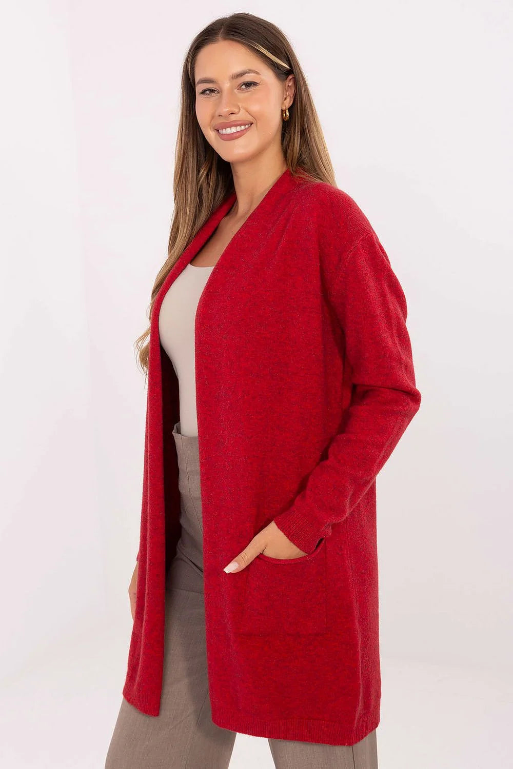 cardigan long ouvert femme maille douce viscose modal nylon rouge profond oversize mi cuisses manches longues poches plaquées