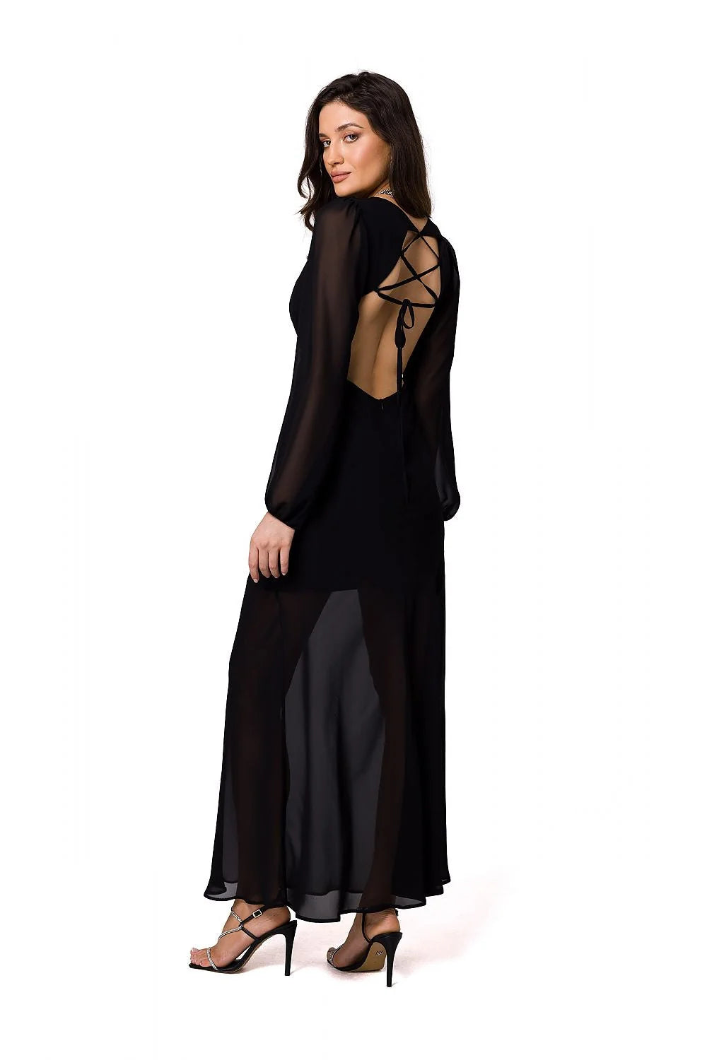 Robe de soirée Makover longue en mousseline soie dos ouvert armature fermeture éclair double couche polyester noire taille S M L XL femme
