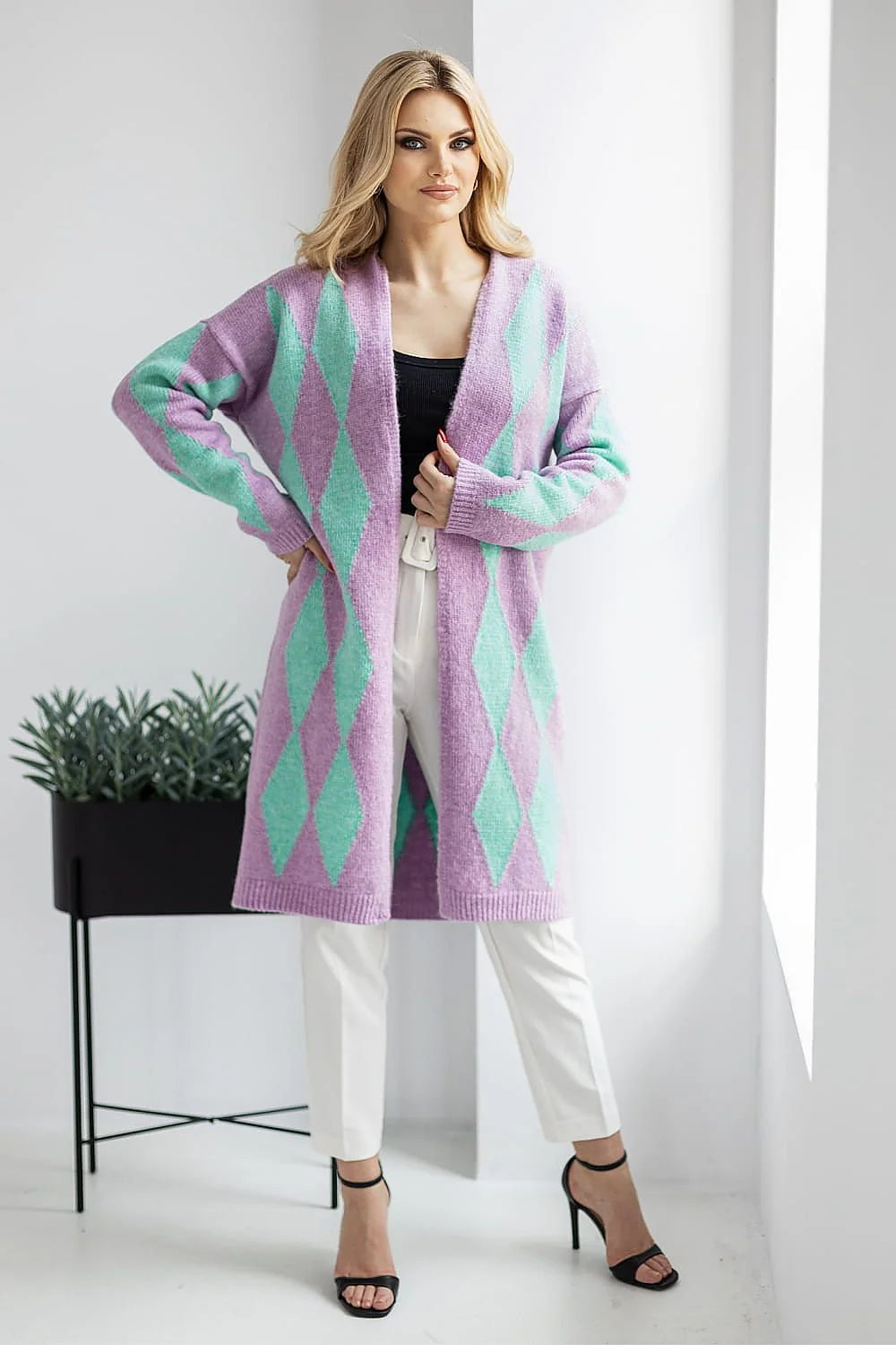 Cardigan Pee Ka Boo longue pour femmes style moderne ample motif losange violet pâle vert menthe sans fermeture doux confortable vêtement automne hiver