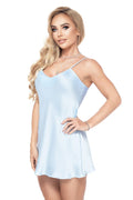 Nuisette sexy Irall en satin bleu pâle V-neck spaghetti straps silhouette évasée femme taille ajustable
