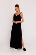 Robe de jour Moe noire longue maille en V ample bretelles larges sans manches fente latérale femme
