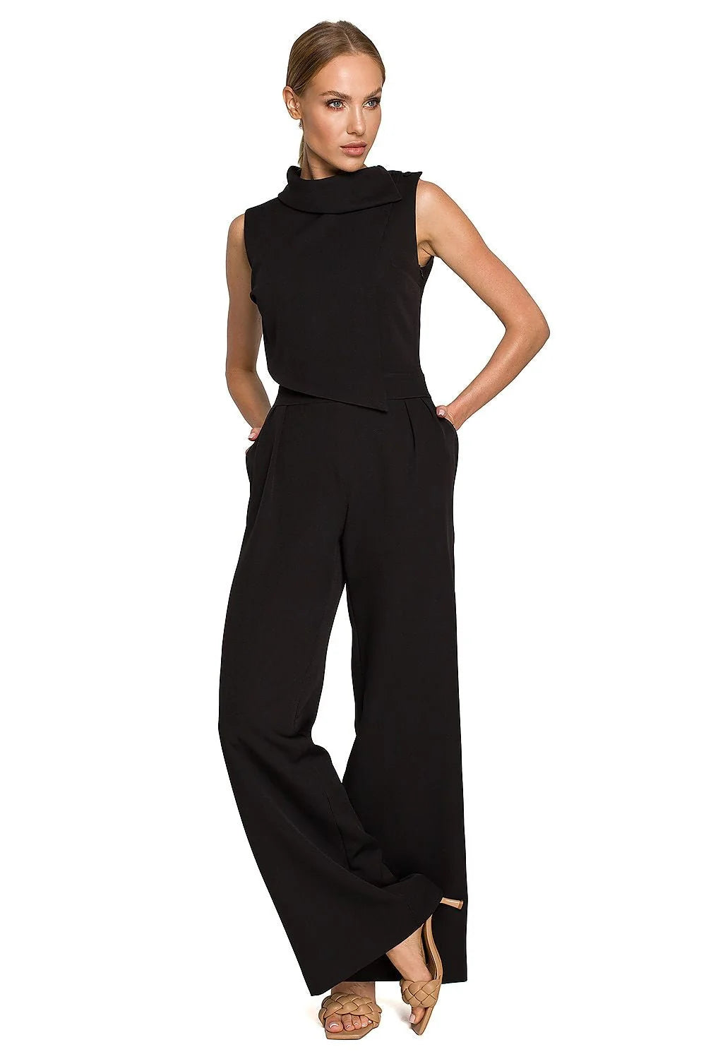Combinaison Moe sans manches col montant asymétrique jambes larges polyester elasthanne rose pâle occasion formelle