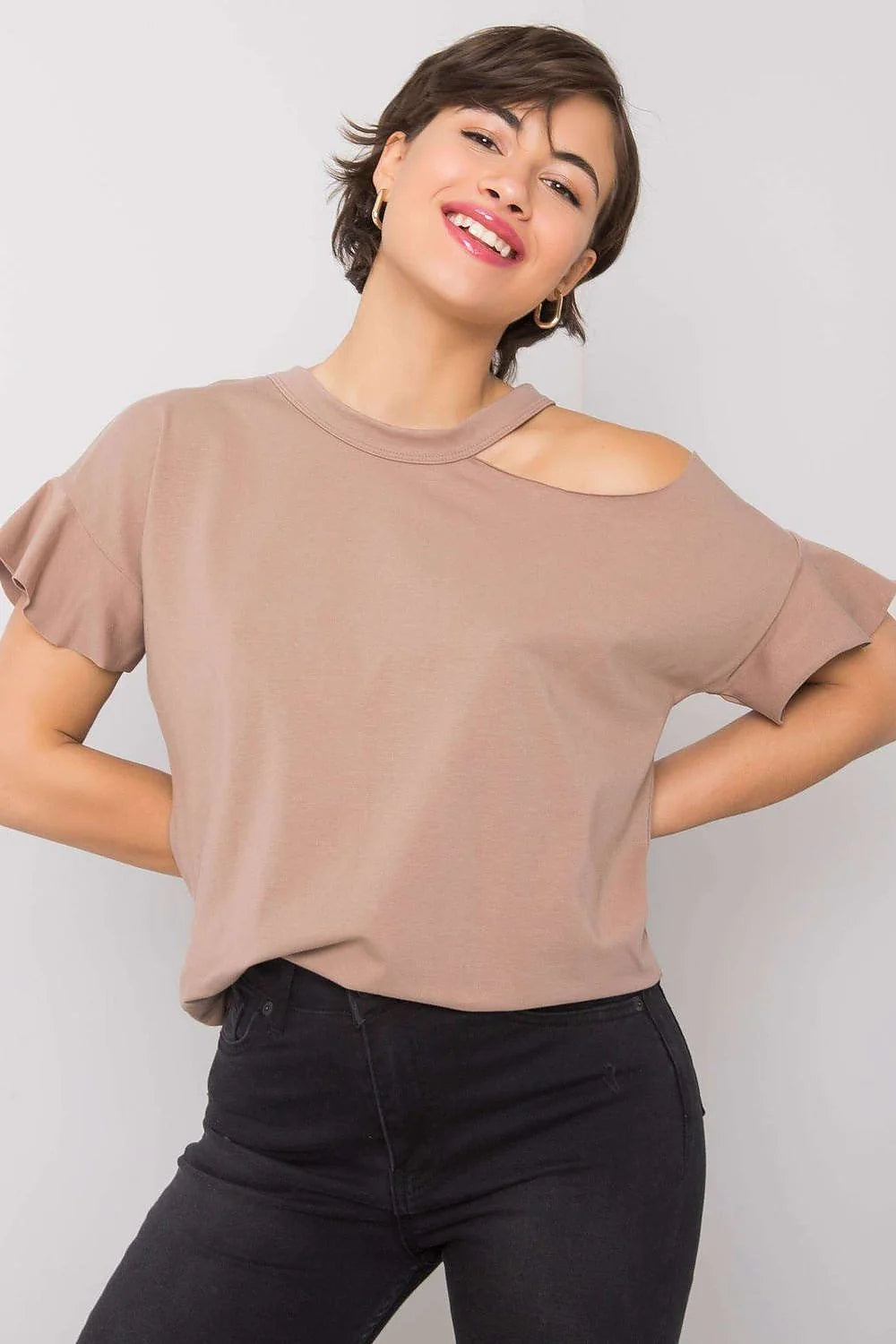 Blouse Fancy asymétrique pour femme, style cold shoulder, manches courtes, couleur rose vif, coton stretch, confortable, versatile, occasion多种