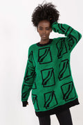 Pull femme Chandail Badu coupe allongée motifs géométriques acrylique laine vert vif manches longues style moderne casual confortable et stylé