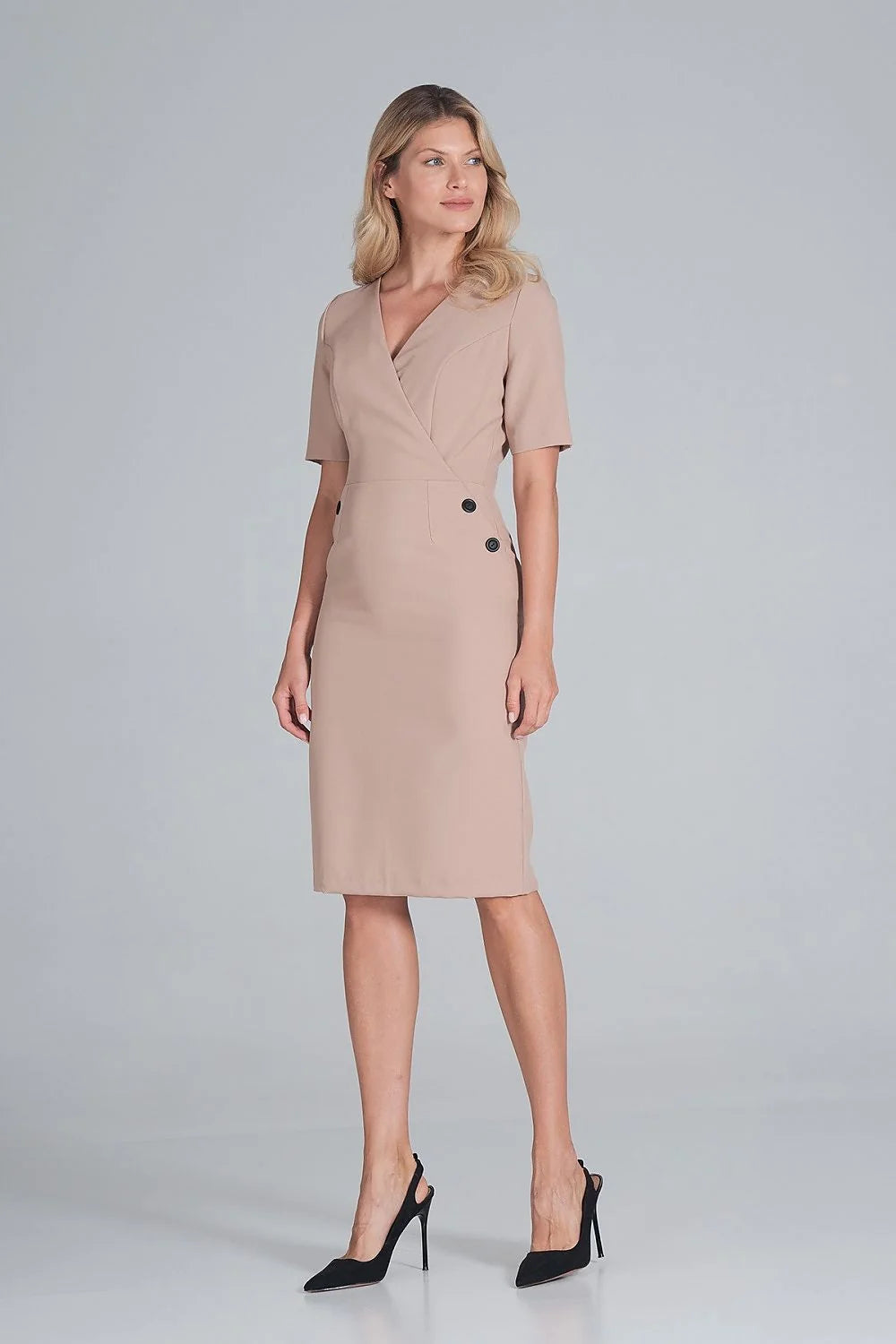 Robe élégante bleu marine polyester manches courtes col V ajustée professionnelle femme mode chic