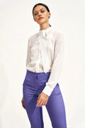 Chemisier à nœud lavallière élégant pour femme en polyester blanc ajusté manches longues taille ajustable occasion professionnelle ou élégante