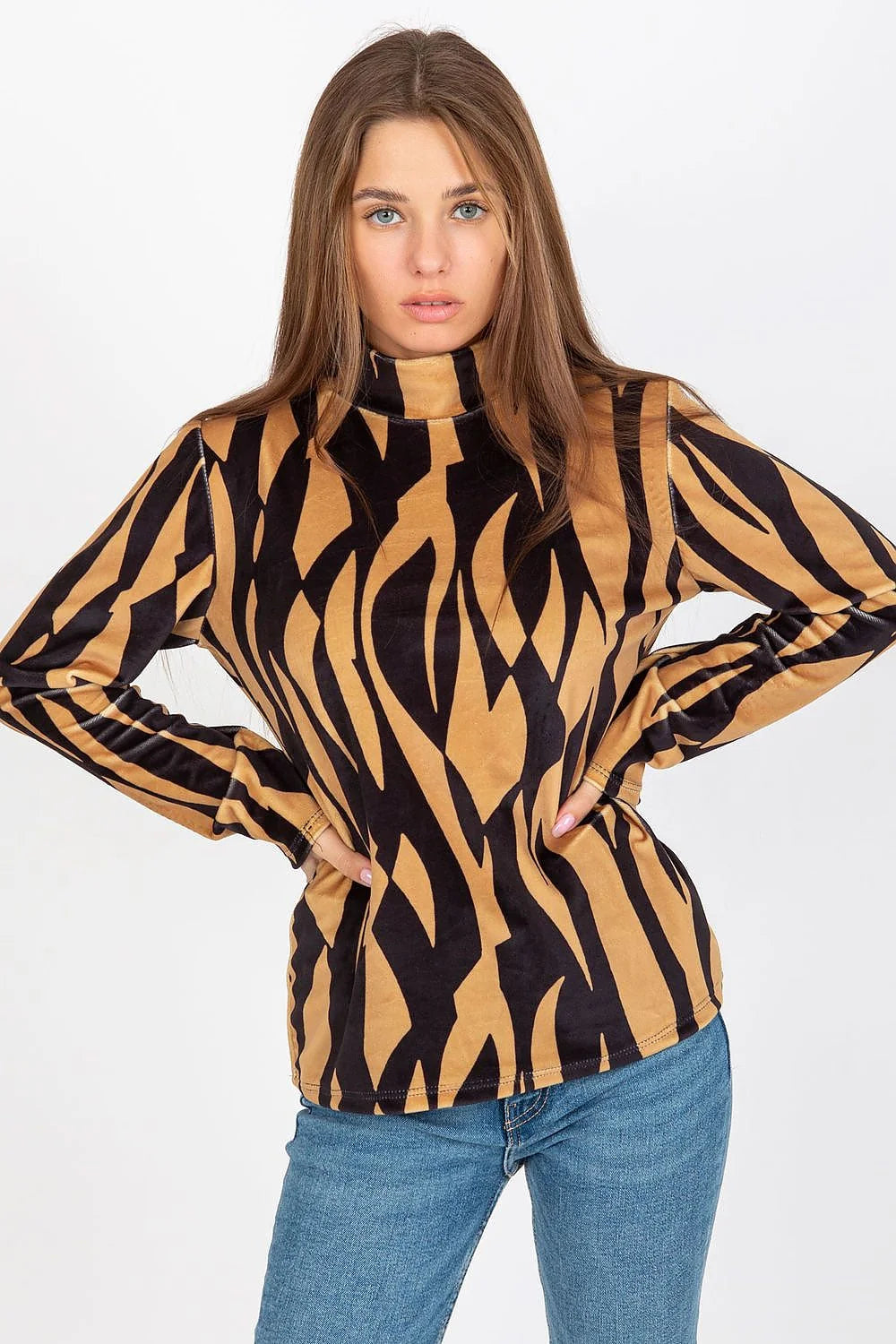 chemisier Rue Paris velours zébré noir beige manches longues col montant coupe ajusté stretch doux confortable