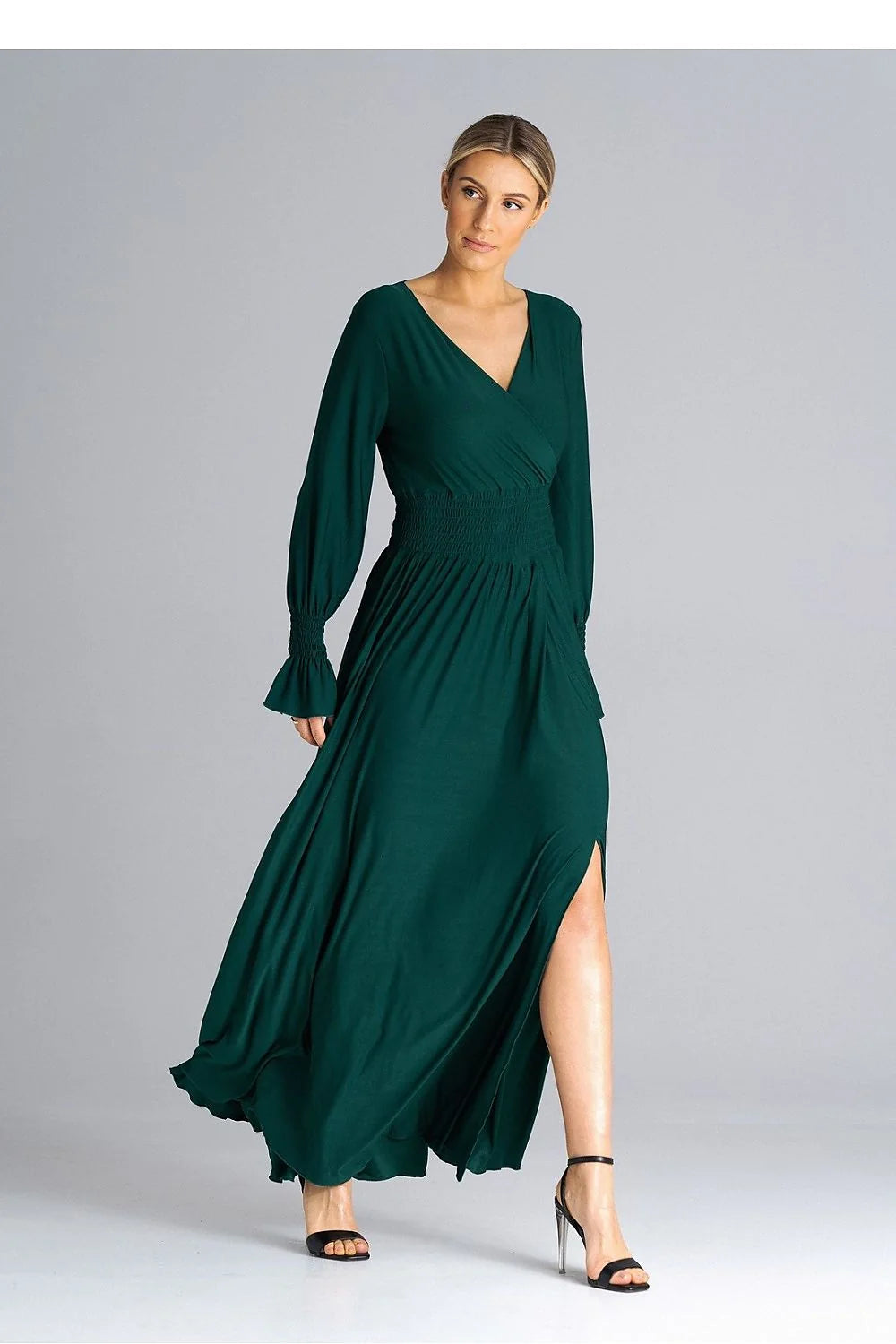 Robe longue élégante pour femme vert foncé manches longues en V fente haute taille ajustable soirée occasion spéciale