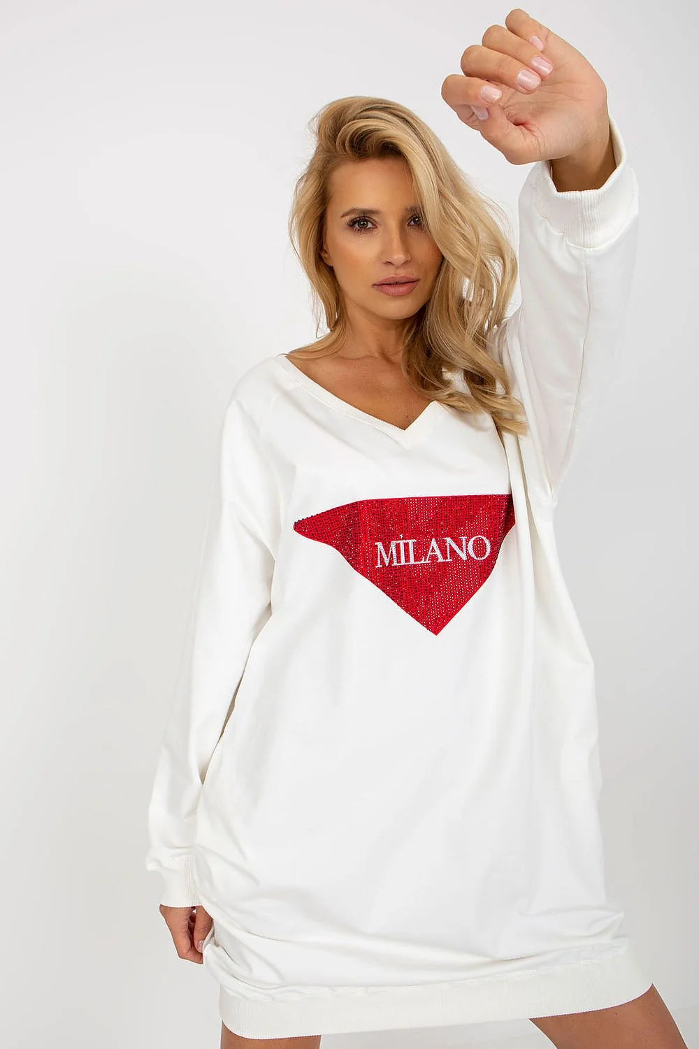 Robe-pullover femme style moderne décontracté motif milano triangle rouge manches longues col V coton doux polyvalent saison intermédiaire