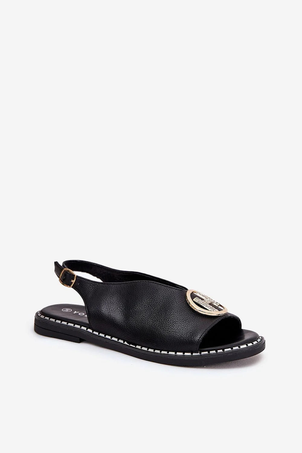Sandales élégantes pour femmes été 2023 cuir artificiel noir strap doré confort talon plat