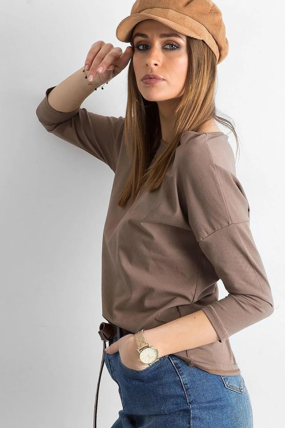 Chemisier femme coton élasthanne style décontracté gris clair manches trois-quarts col rond ample confortable