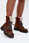 bottines rangers femme daim marron doublure sherpa crème lacets épais noir zip latéral semelle crantée talon bloc œillets adhérence hivernale