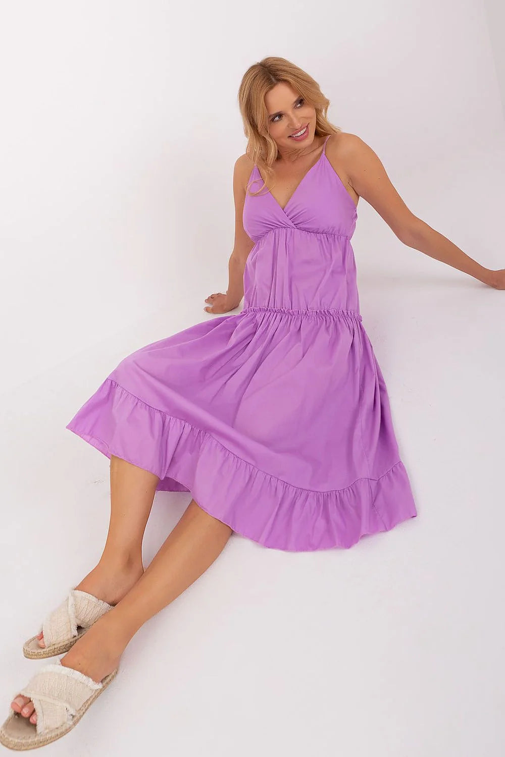 Robe de jour élégante bretelles réglables encolure enveloppe volant bas évasé coton 98% élasthanne 2% femmes