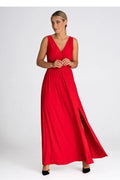 Robe longue élégante pour femme sans manches en V profond rouge vif fente latérale matière fluide taille ajustable