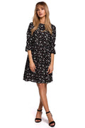 robe évasée viscose fluide imprimé floral noir délicat blanc rose vert manches troisquarts fronces col rond taille empire courte légère