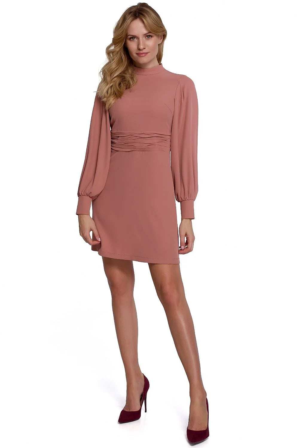 Robe élégante polyester violet manches longues bouffantes coupe droite drapée femme occasions semi-formelles