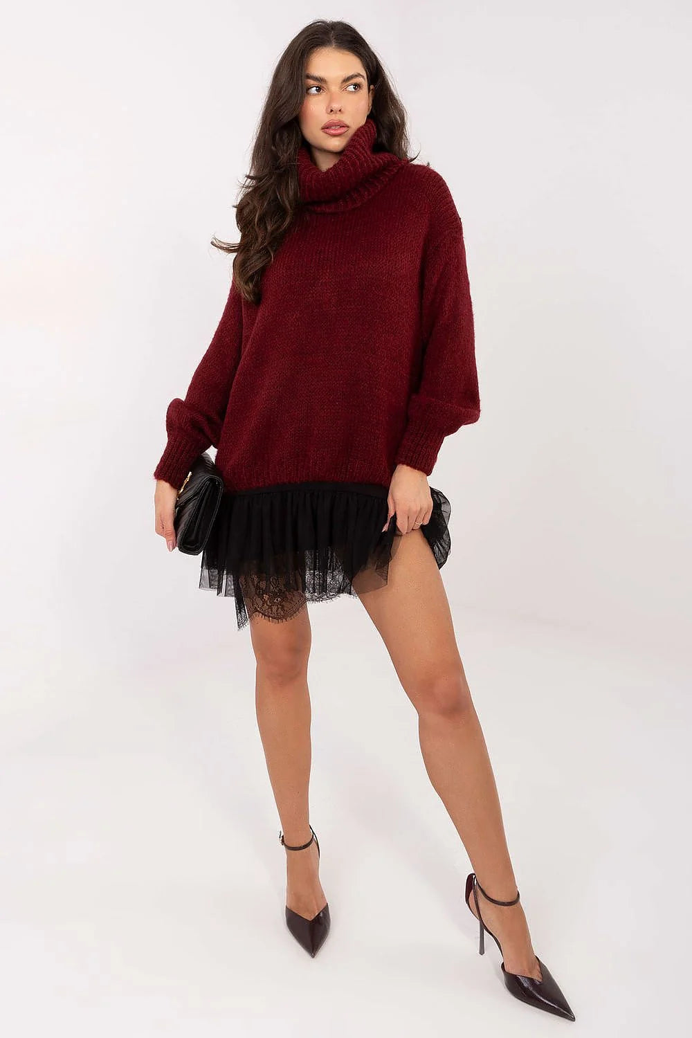 pull femme col roulé oversize bordeaux mohair acrylique nylon maille duveteuse manches ballon longues côtelées ourlet relaxed automne hiver confortable