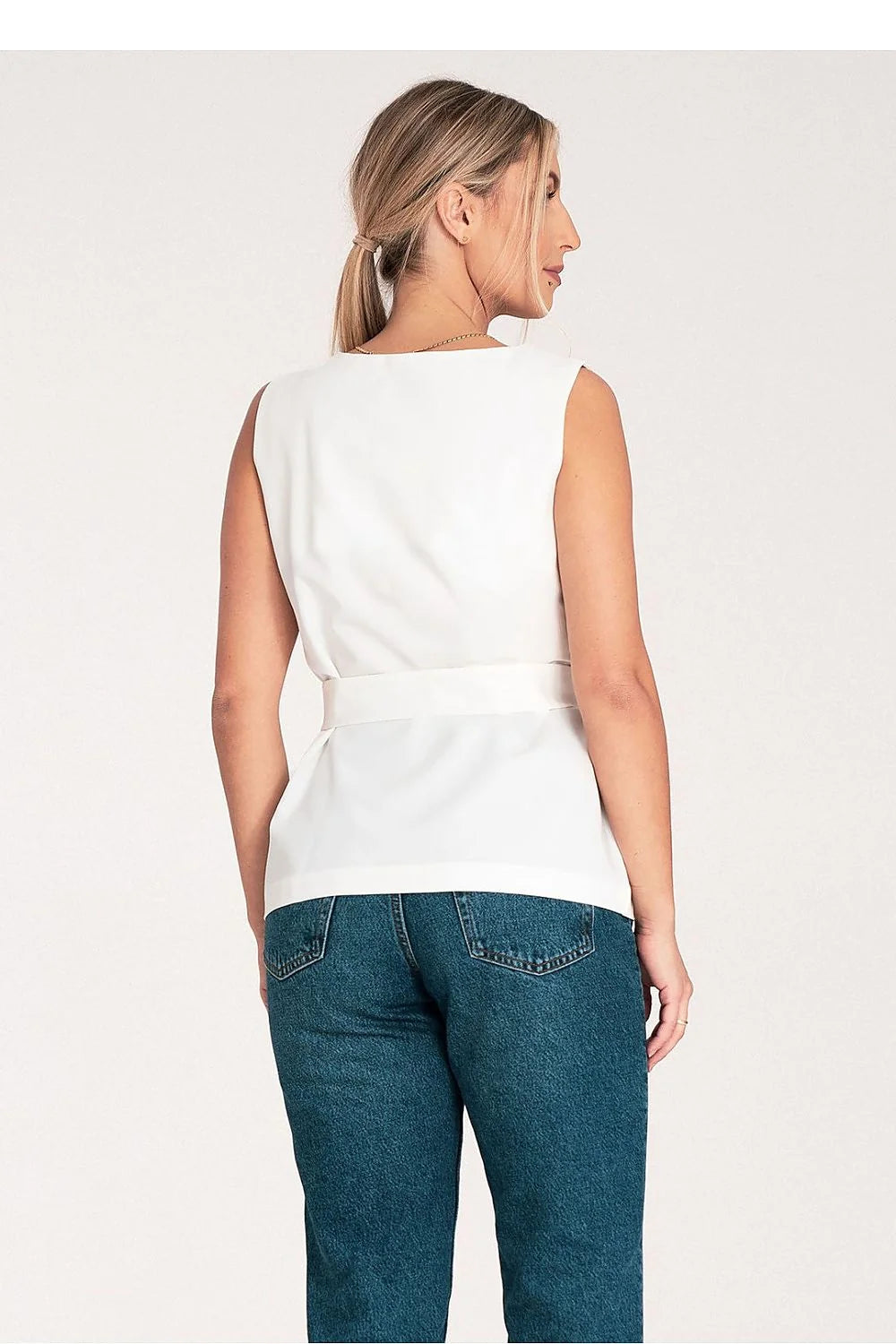 Chemisier Figl Femme Sans Manches Blanche Élégant Coupe Cintrée Ceinture Dorée Polyester Viscose Tailles XS à XL