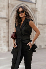 gilet RUBY noir sans manches col cranté décolleté V ceinture nouée taille marquée tissu suédé extensible viscose élasthanne ajusté polyvalent