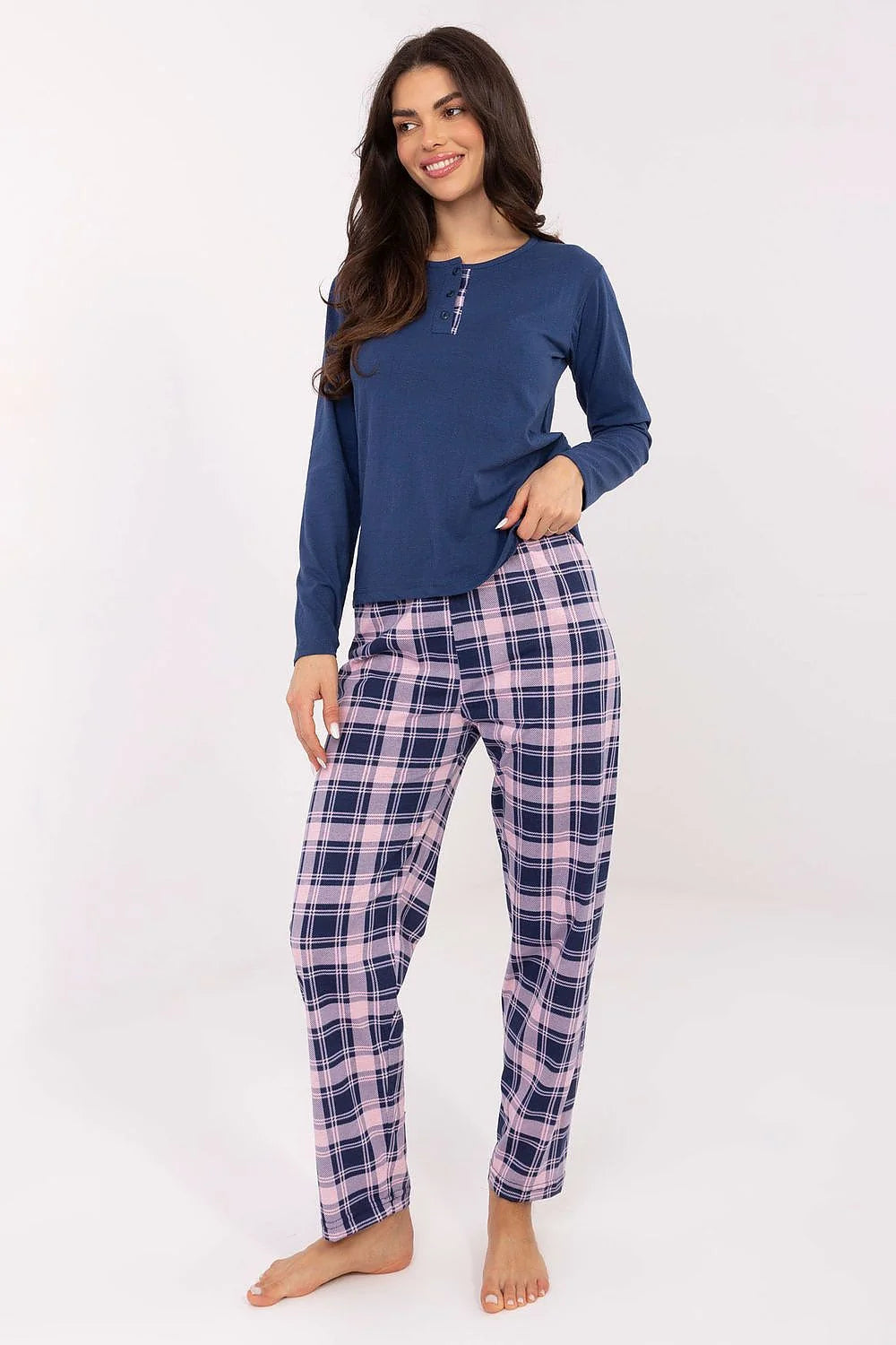 pyjama femme haut manches longues col rond pantalon droit carreaux rose marine flanelle chaude élastiquée coupe ample confortable