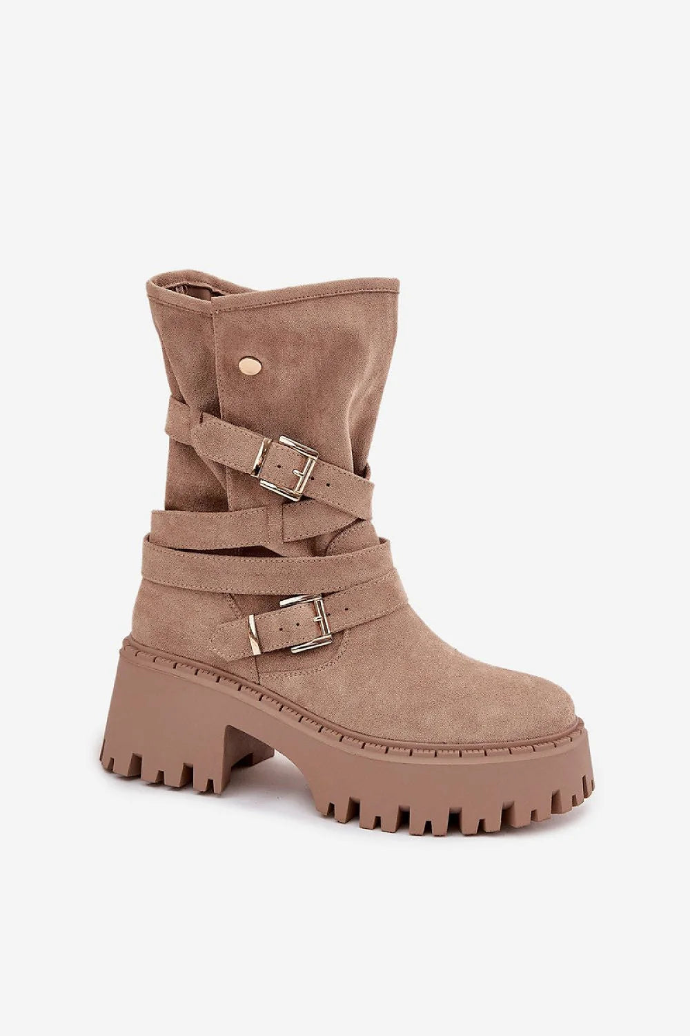 bottes femme suédine écologique taupe mi mollet biker bout arrondi talon massif semelle plateforme crantée épaisse bride tressée boucles dorées réglables