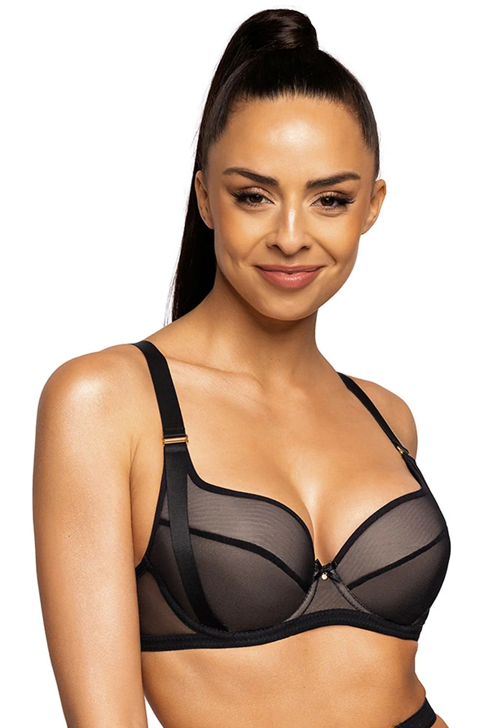 Soutien-gorge push-up élégant en maille noire avec détails dorés, nœud décoratif et inserts grossissants amovibles pour femmes