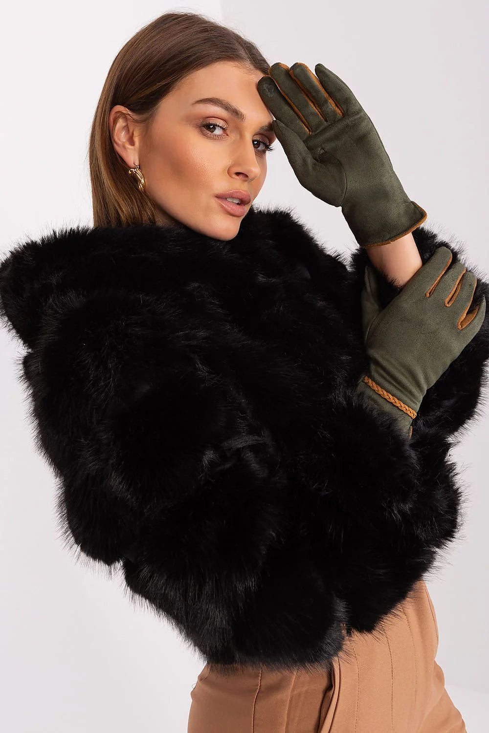 Gants élégants pour femmes en tissu lisse avec empiècements contrastés entre les doigts, bretelles décoratives tressées contrastées aux poignets, fleurs brodées au pouce et index, polyester 90 % spandex 10 %
