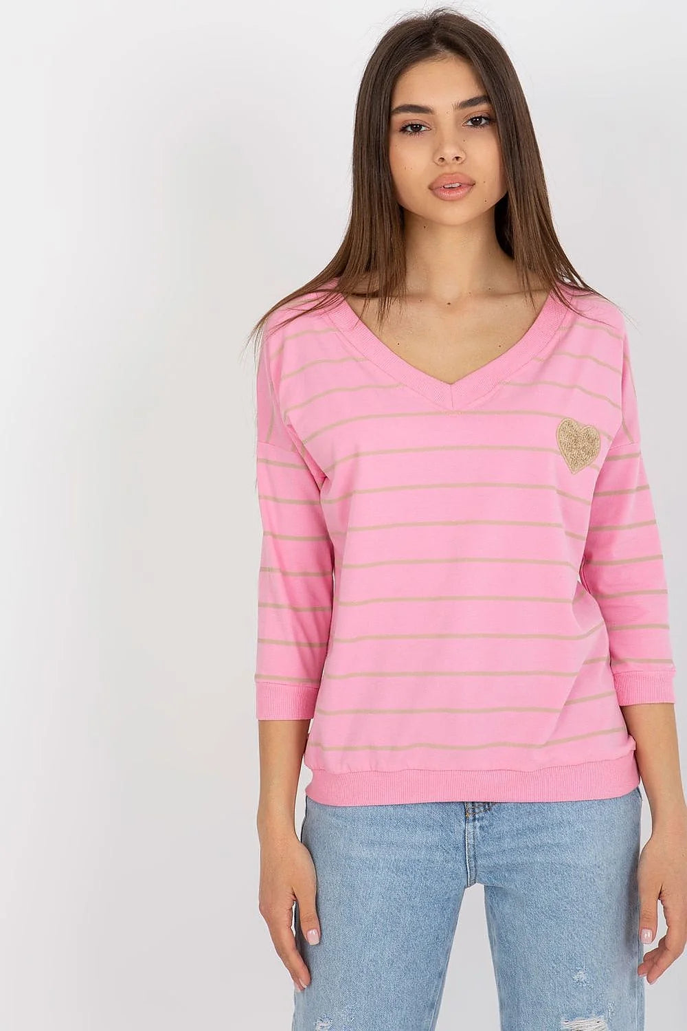 Pull pour femme à manches longues, design moderne, rose pastel, rayures subtiles, encolure en V, cœur sur la poitrine, coupe droite, confortable, style décontracté, quotidien, automne-hiver, été, mode féminine
